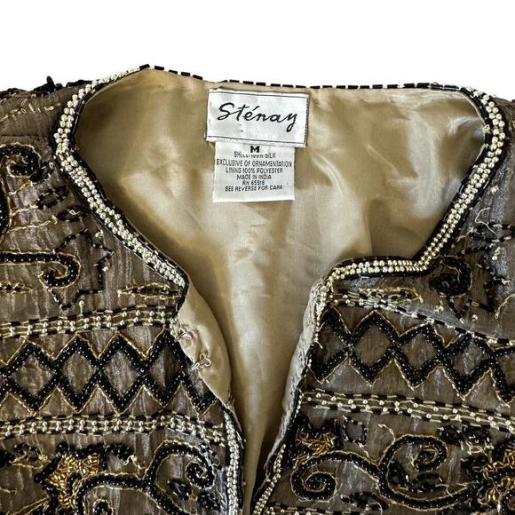 Vintage 80s Silk Beaded Jacket Gold and Black Women's Size Medium - Picture 2 of 5